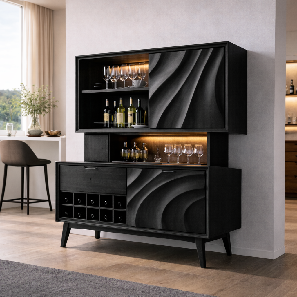 Solid Wood Bar Cabinet with Wine Rack & Sculpted Doors – Modern Mid Century Liquor Storage