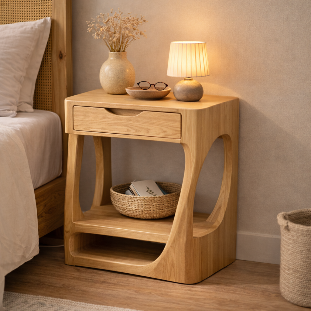 Solid Wood Nightstand with Open Shelf and Drawer – Modern Curved Bedside Table