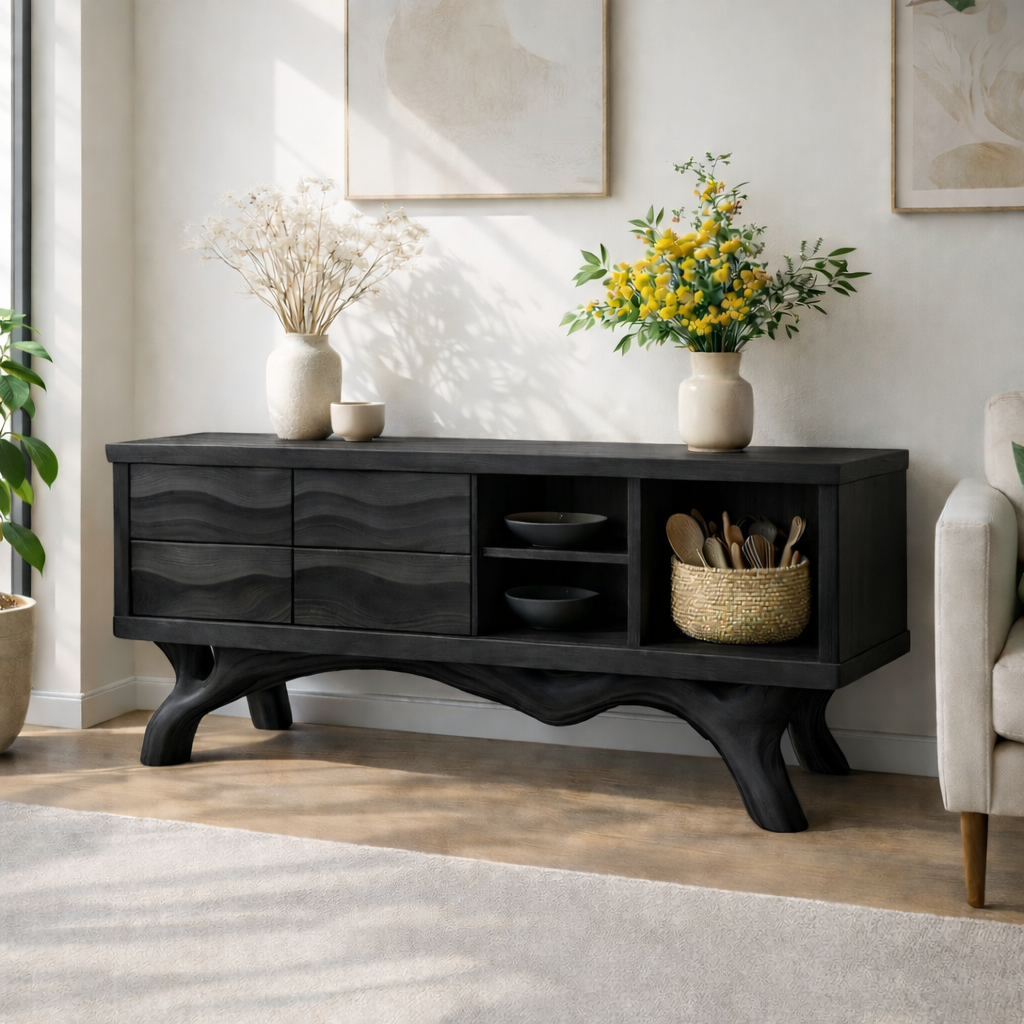 Modern Solid Wood Sideboard Cabinet, Oak Buffet Storage Console with Shelves and Drawers Kitchnce