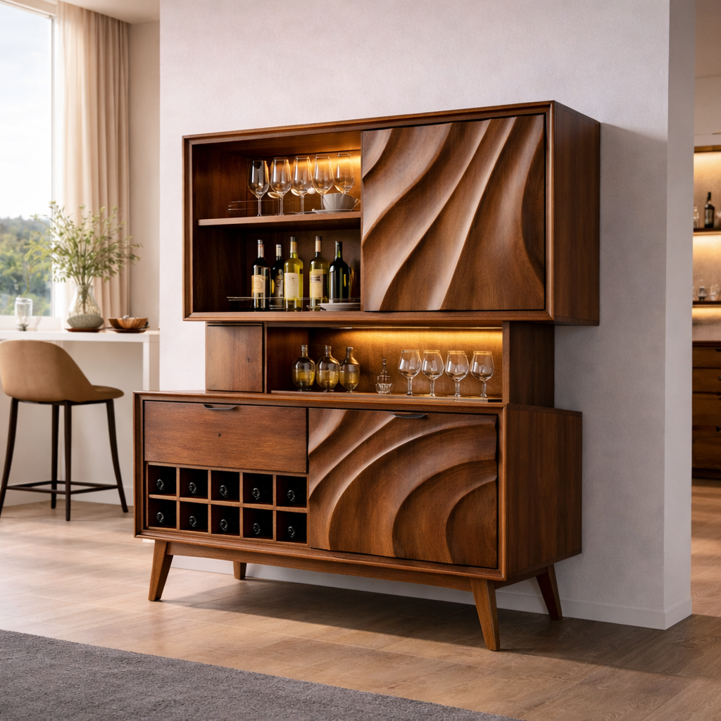 Solid Wood Bar Cabinet with Wine Rack & Sculpted Doors – Modern Mid Century Liquor Storage