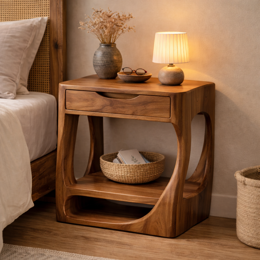 Solid Wood Nightstand with Open Shelf and Drawer – Modern Curved Bedside Table