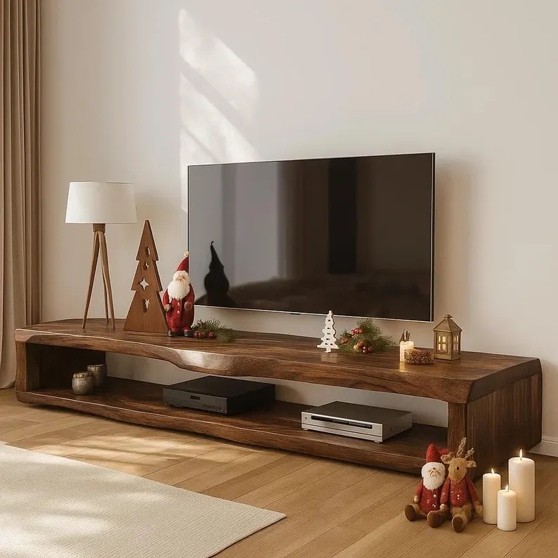 Solid Wood TV Stand, Modern Low Wooden Media Console with Storage, Durable Natural Wood Entertainment Unit for Living Room Kitchnce