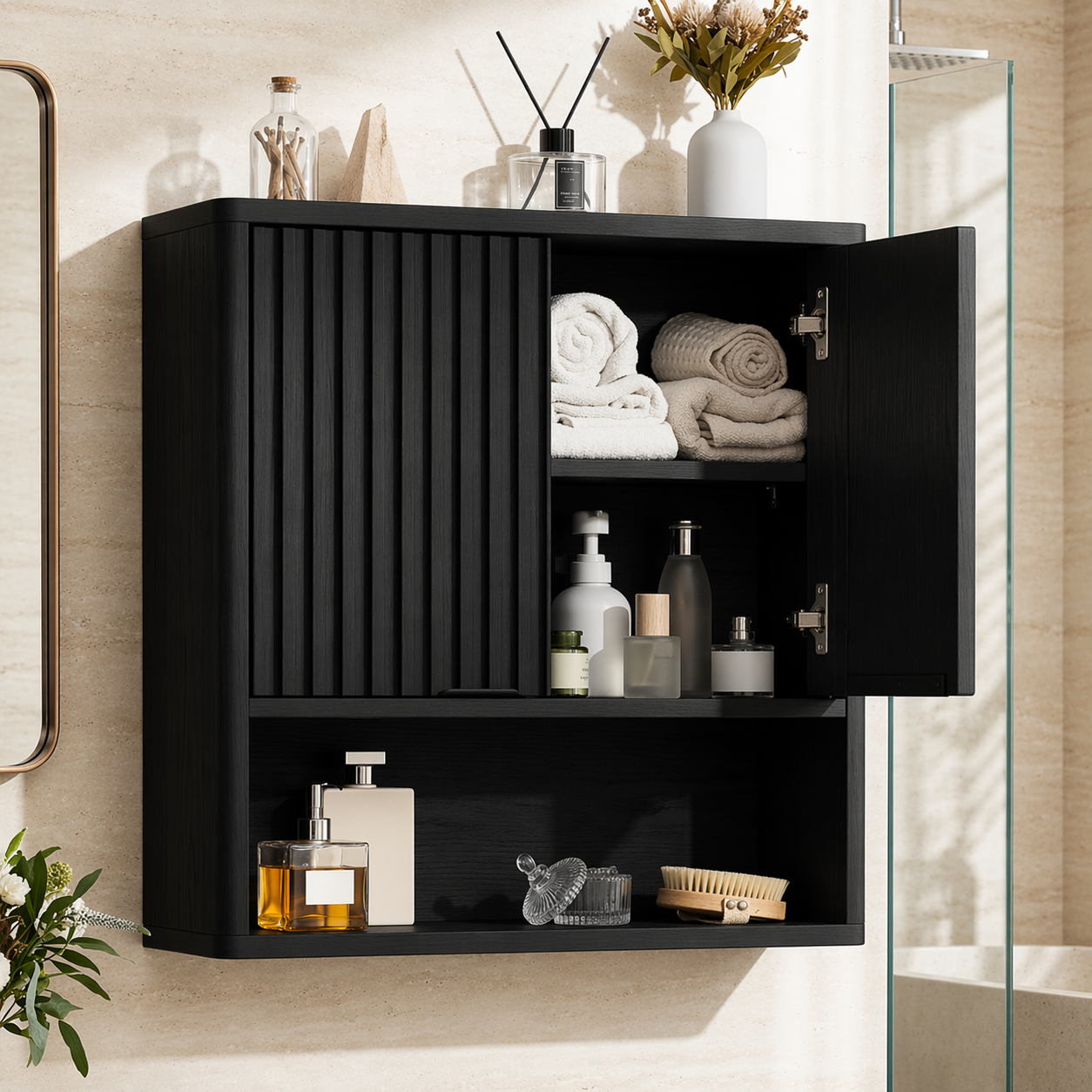 Floating Bathroom Cabinet, Modern Fluted Wall Mounted Vanity Storage Organizer Unit