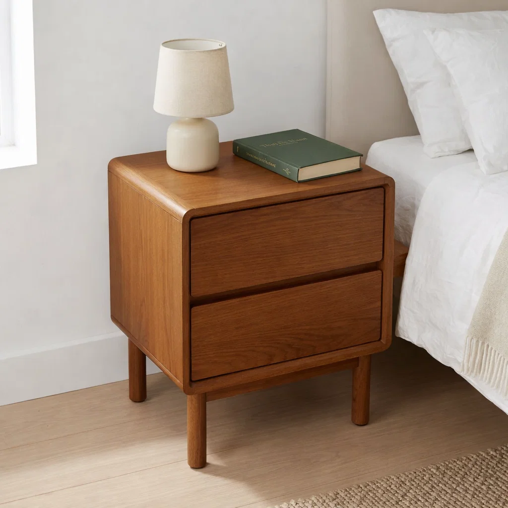 Solid Nightstand - Minimalist Mid-Century Modern Bedside Table with Drawers