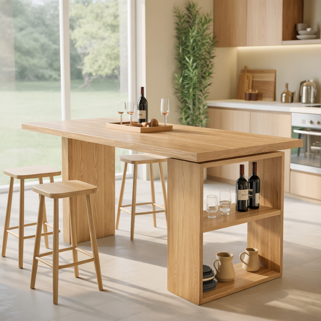 Modern Dining Table with Built-In Storage Shelf and Bar Seating, Contemporary Kitchen Island Table