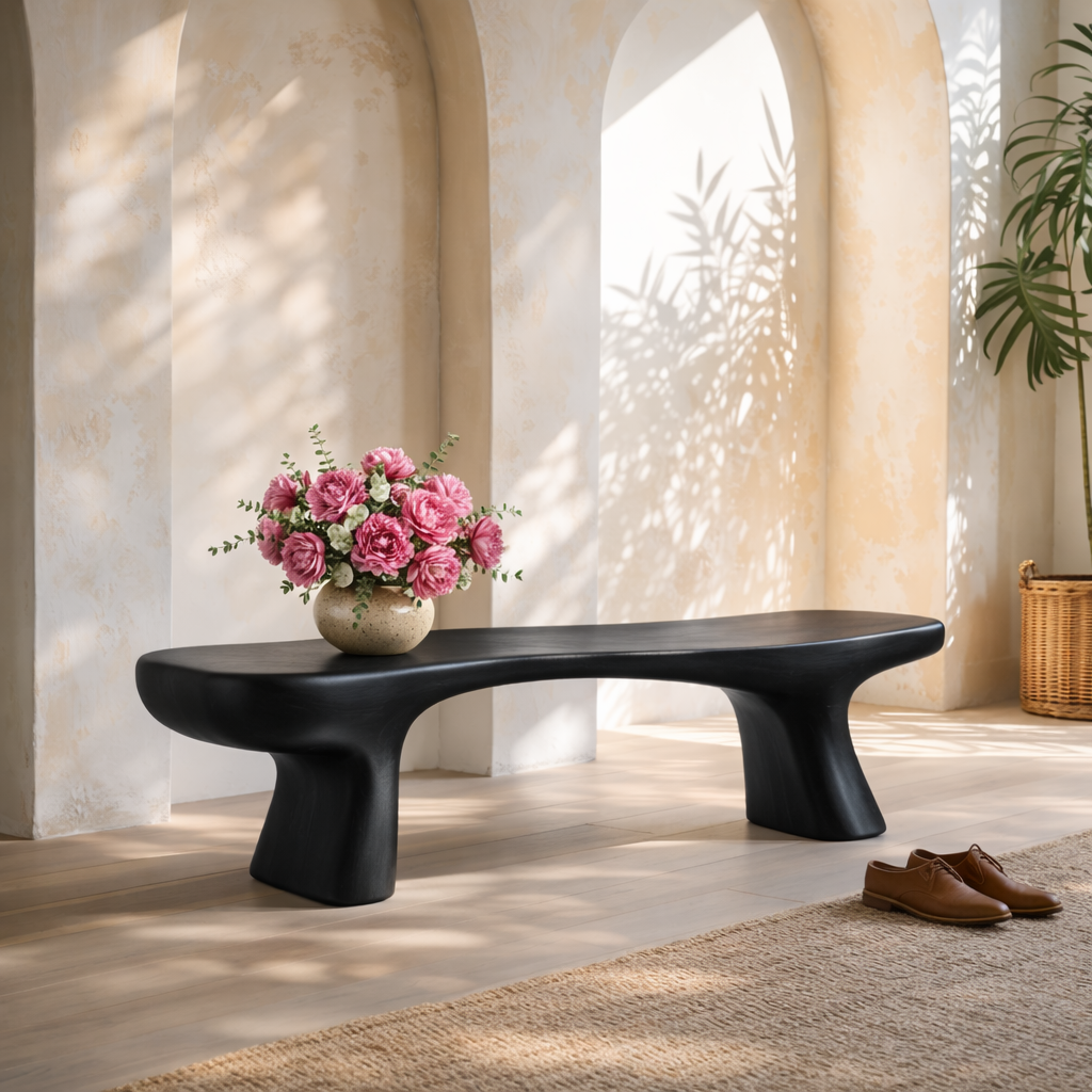 Modern Sculptural Black Wood Bench, Minimalist Statement Seating