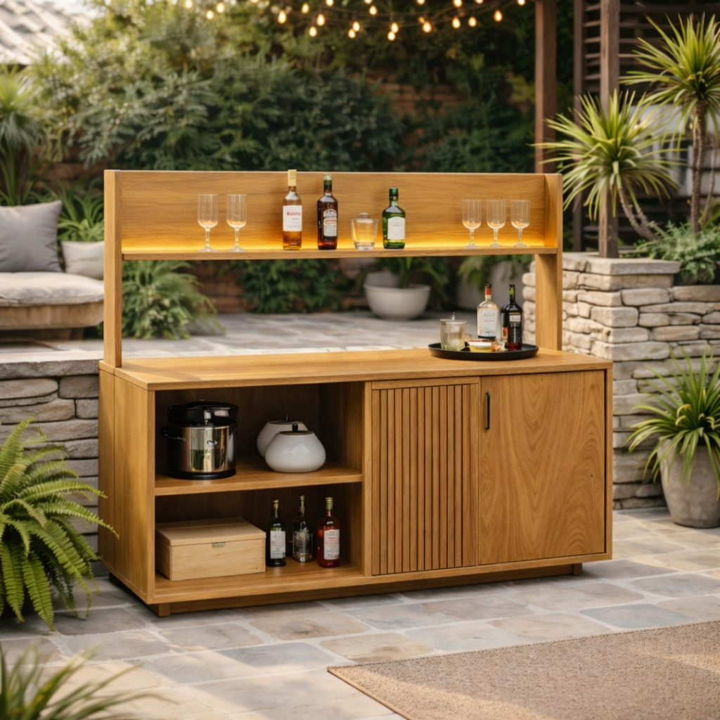 Solid Wood Outdoor Bar Cabinet with Shelf & Storage – Modern Patio Drink Station