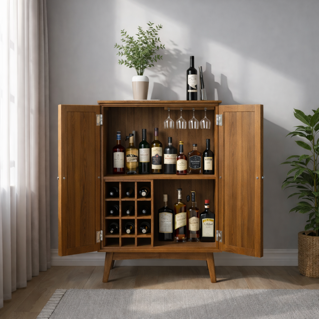 Solid Wood Wine Cabinet with Double Doors and Built-In Bottle Rack