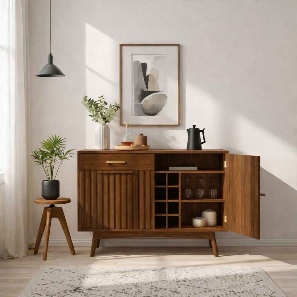 Mid Century Modern Solid Wood Wine Bar Cabinet with Bottle Rack and Glass Storage