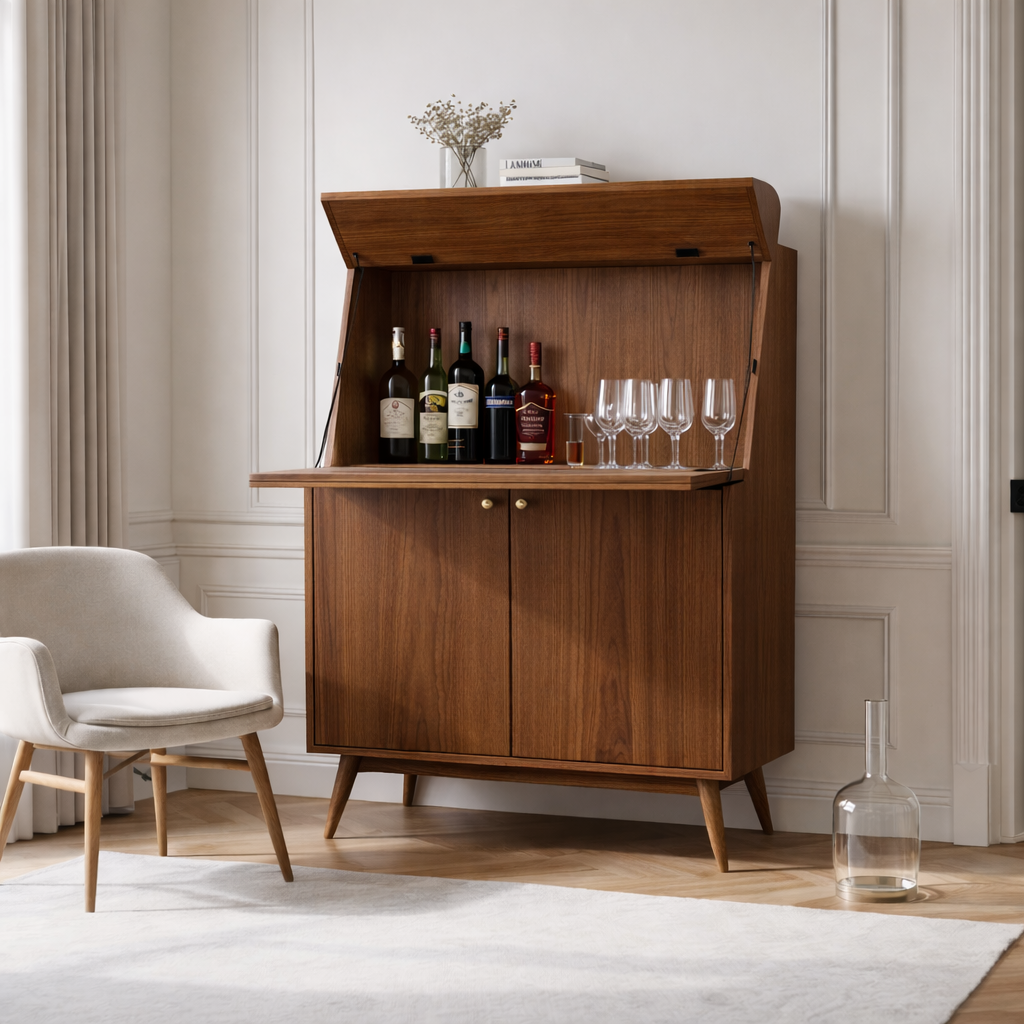 Handcrafted Solid Wood Wine Cabinet with Drop Down Bar and Storage