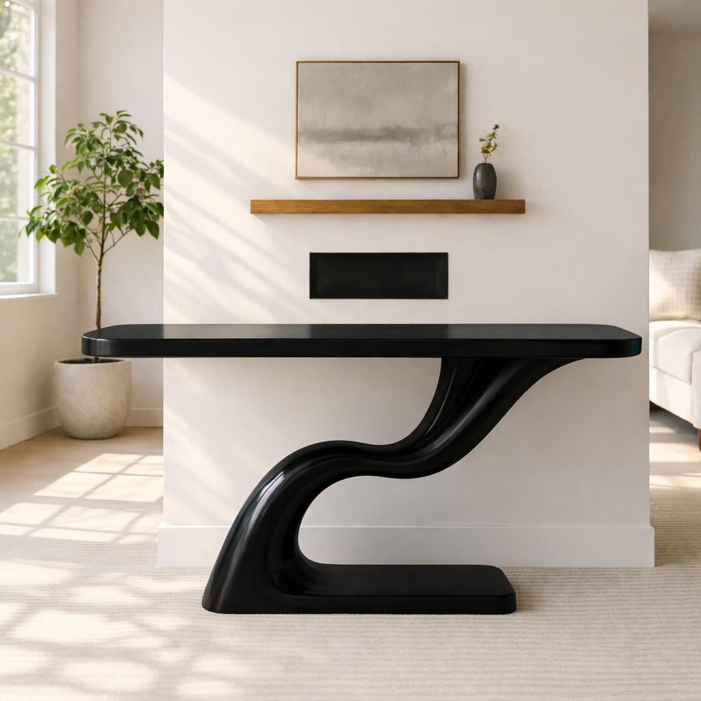 Modern Sculptural Solid Wood Console Table, Curved Base Entryway Hallway Statement Furniture