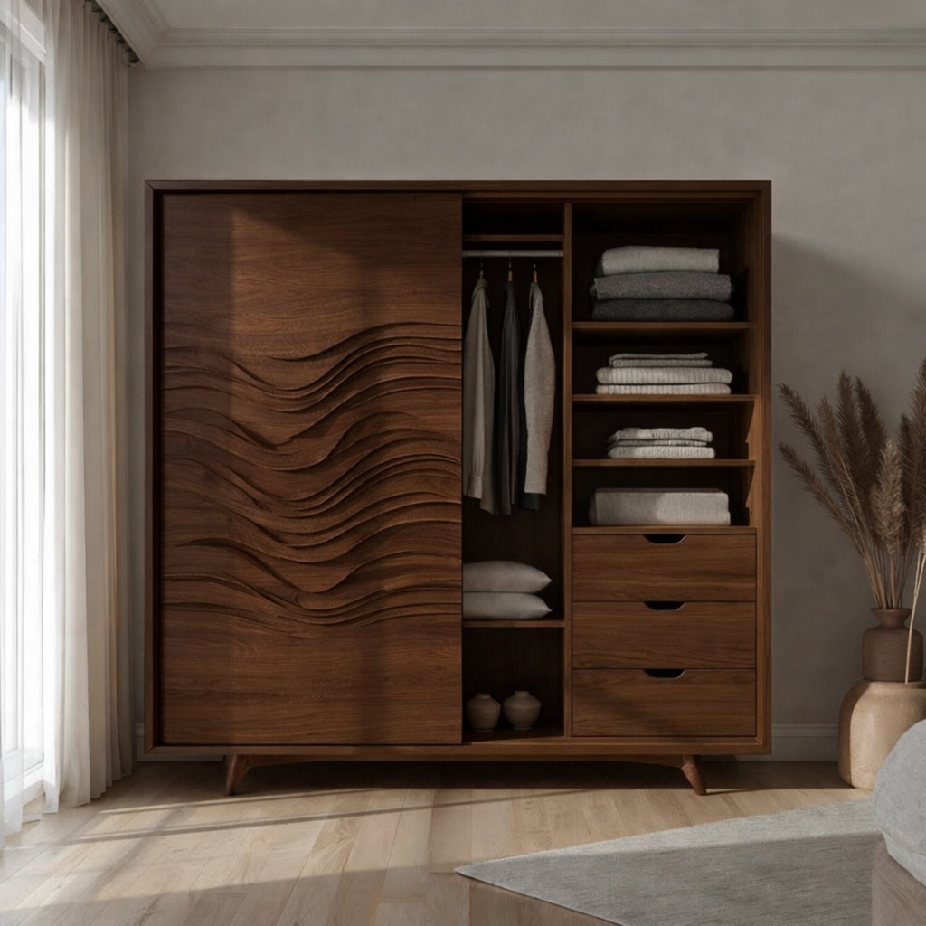 Solid Wood Wardrobe with Wave Panel Door – Modern Bedroom Closet with Shelves & Drawers