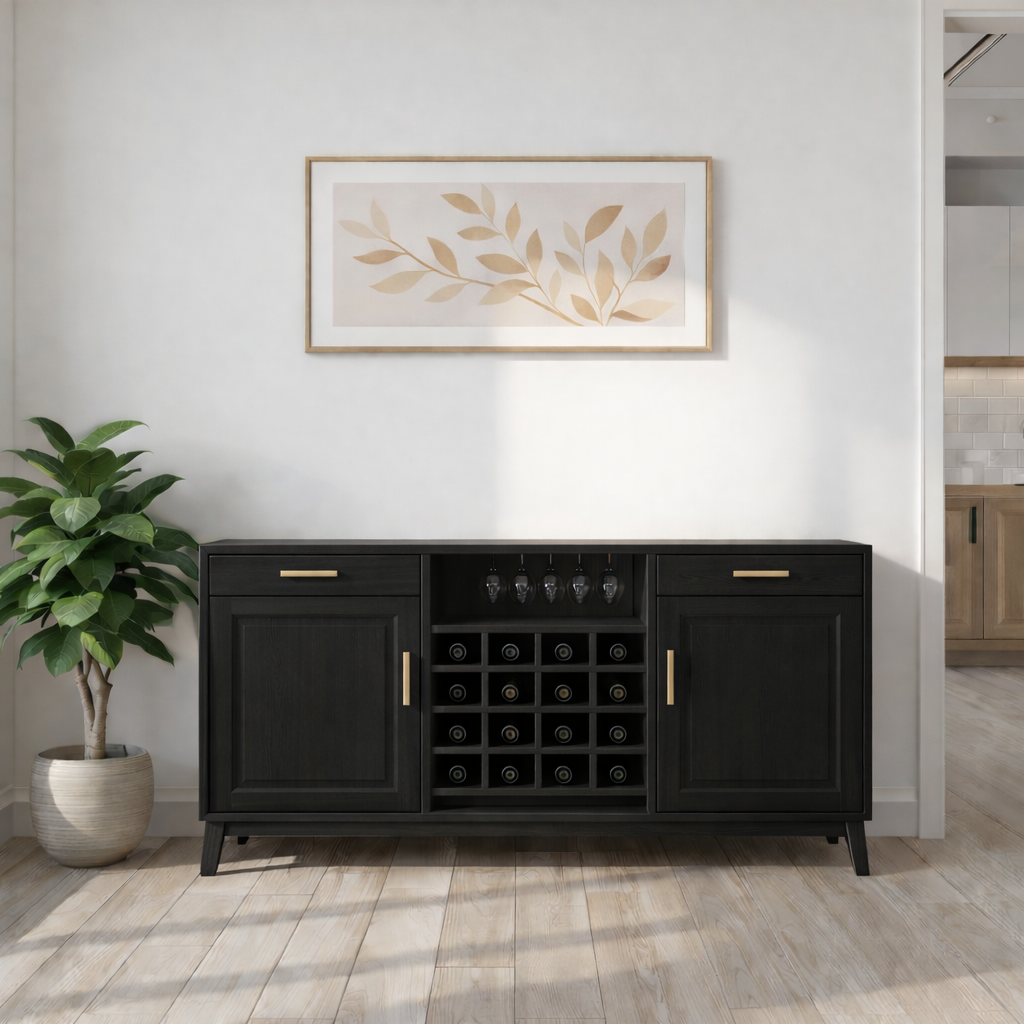 Mid Century Solid Wood Wine Cabinet with Bottle Rack and Glass Storage Sideboard