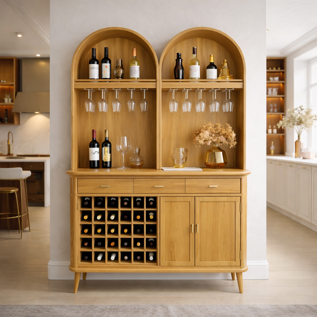 Solid Wood Arched Bar Cabinet with Wine Rack and Hanging Glass Storage