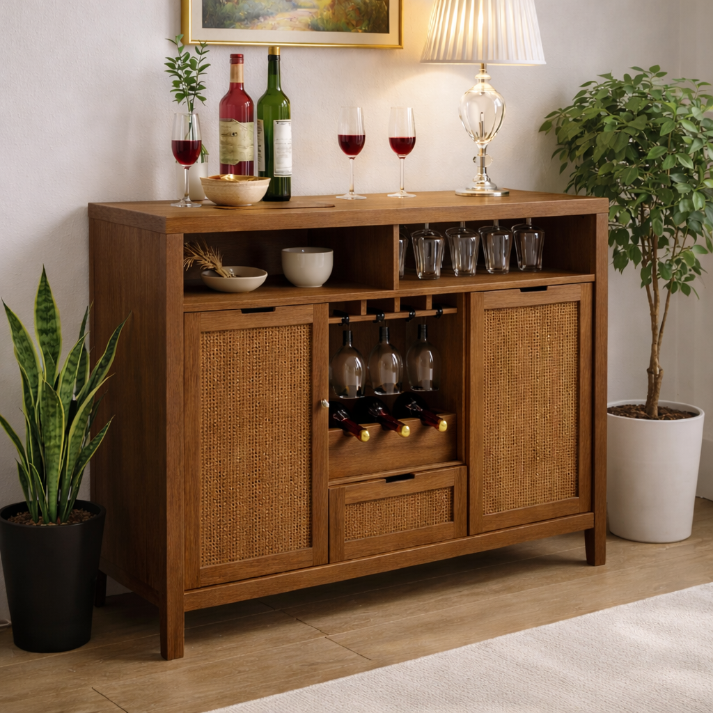 Solid Wood Wine Cabinet with Rattan Doors and Glass Rack Storage