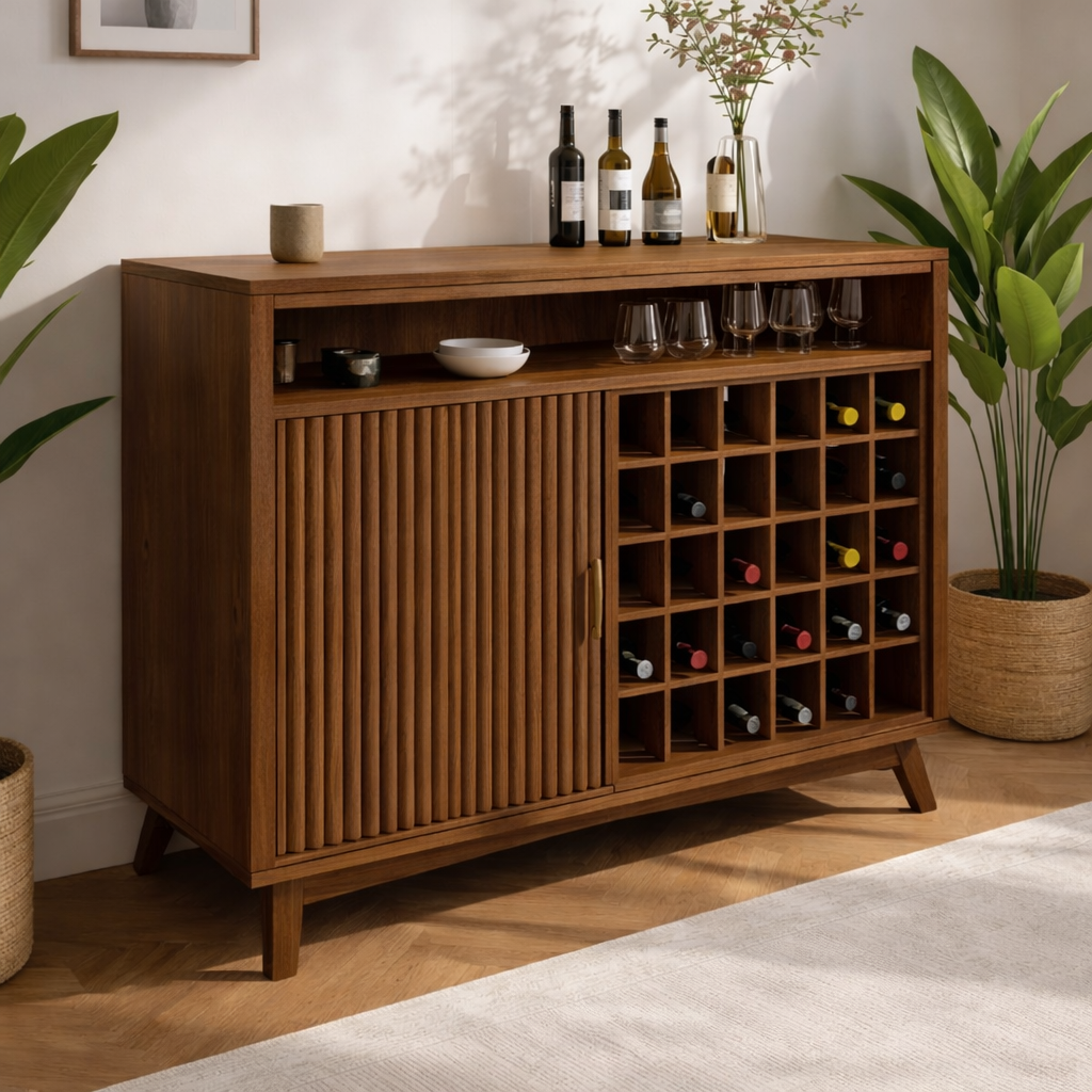 Solid Wood Wine Cabinet with Slatted Door and Bottle Rack Storage