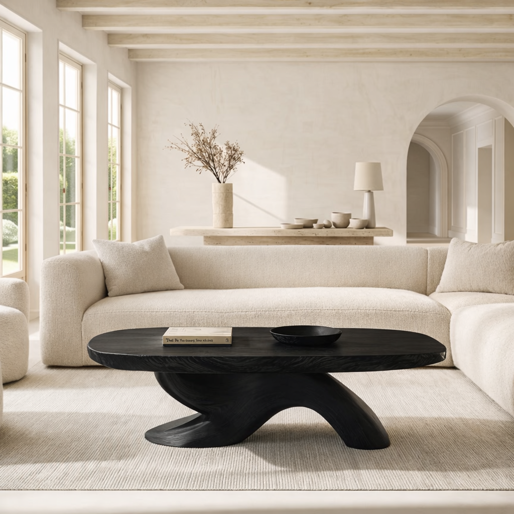 Organic Sculptural Coffee Table with Oval Top, Modern Minimalist Living Room Centerpiece