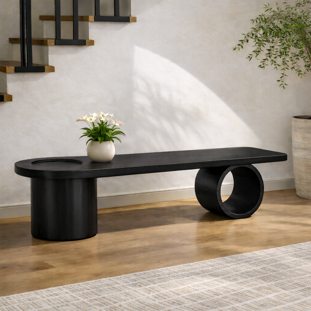 Modern Solid Oak Sculptural Bench, Minimalist Geometric Statement Seat