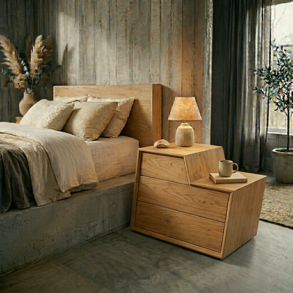 Solid Wood Nightstand with Drawer – Modern Rustic Bedside Table Storage