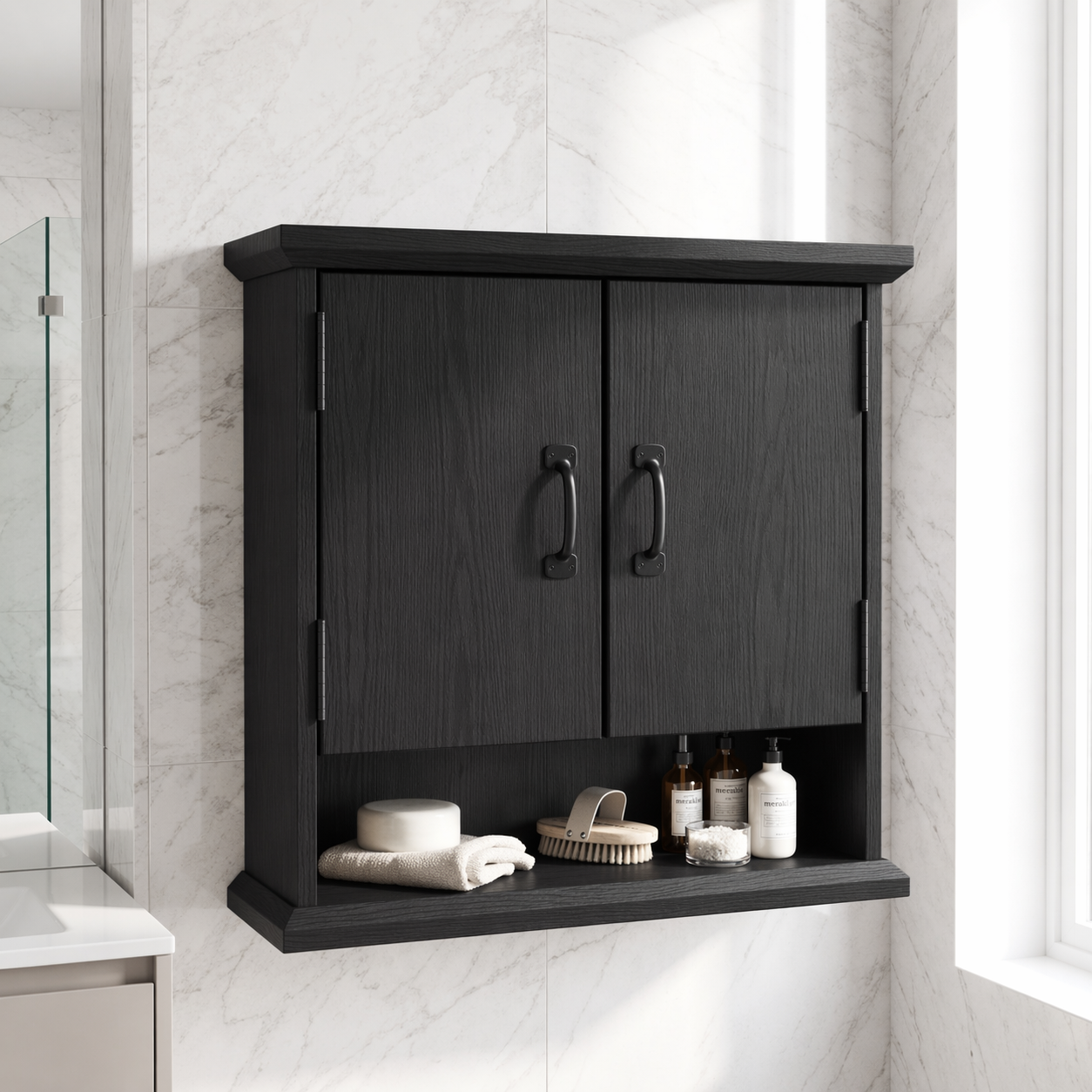 Floating Bathroom Cabinet, Wall Mounted Double Door Vanity Storage Organizer Shelf