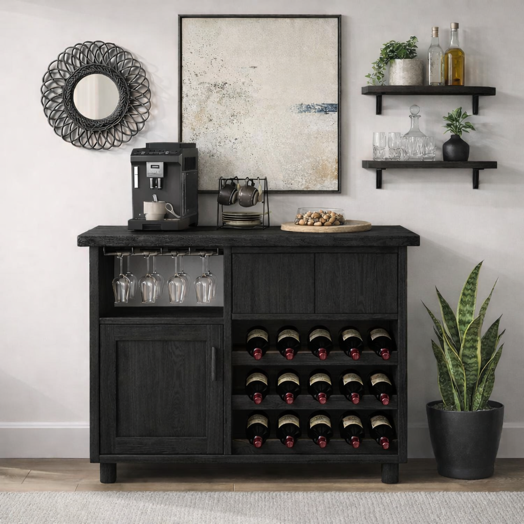 Solid Wood Wine Cabinet with Glass Holder and Bottle Storage Rack