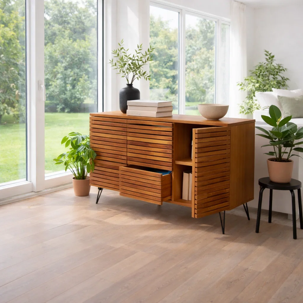 Solid Wood Slatted Sideboard Cabinet with Storage