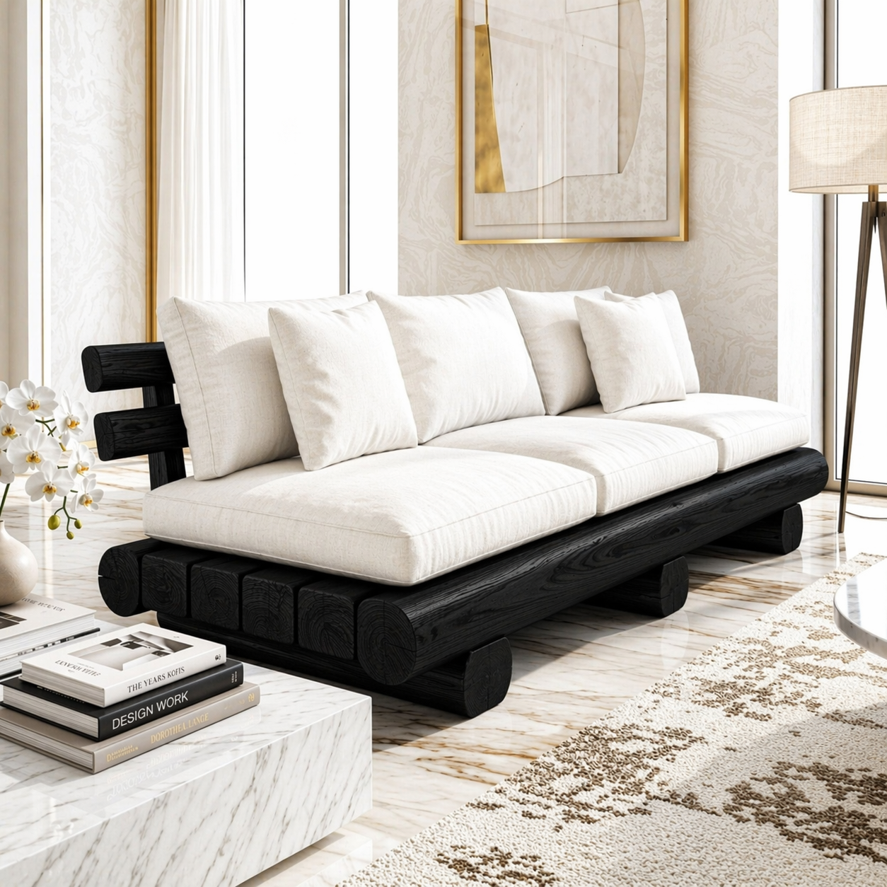 Modern Rustic Wooden Sofa, Minimalist Contemporary Lounge with Oversized Cream Cushions