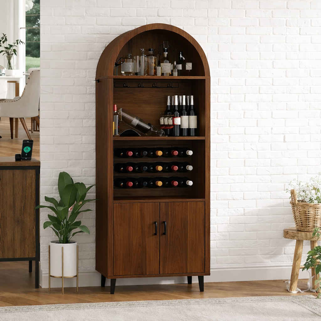 Handcrafted Solid Oak Arched Wine Cabinet Scandinavian Bar Storage with Bottle Display