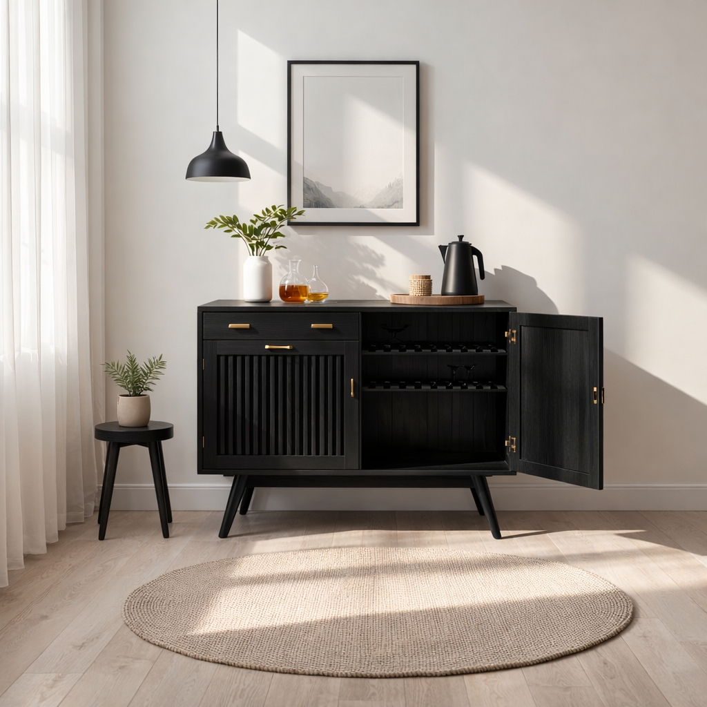 Mid Century Solid Wood Wine Cabinet with Sliding Door and Bottle Rack Storage