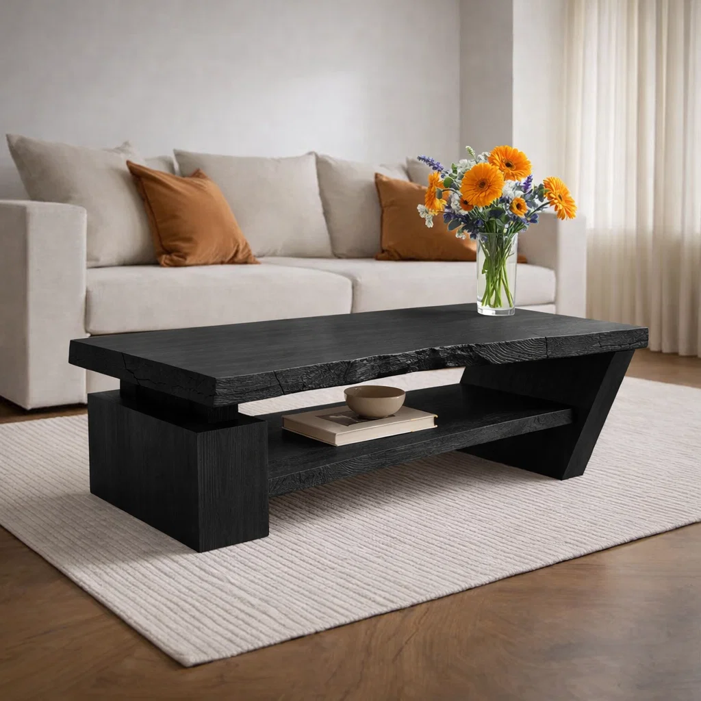 Solid Wood Live Edge Coffee Table with Modern Storage – Natural Design