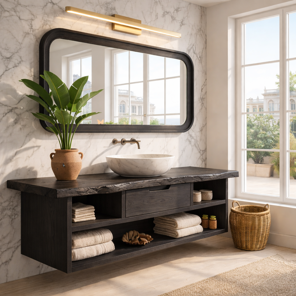 Modern Floating Vanity with Walnut Wood, Marble Sink, and Spacious Storage