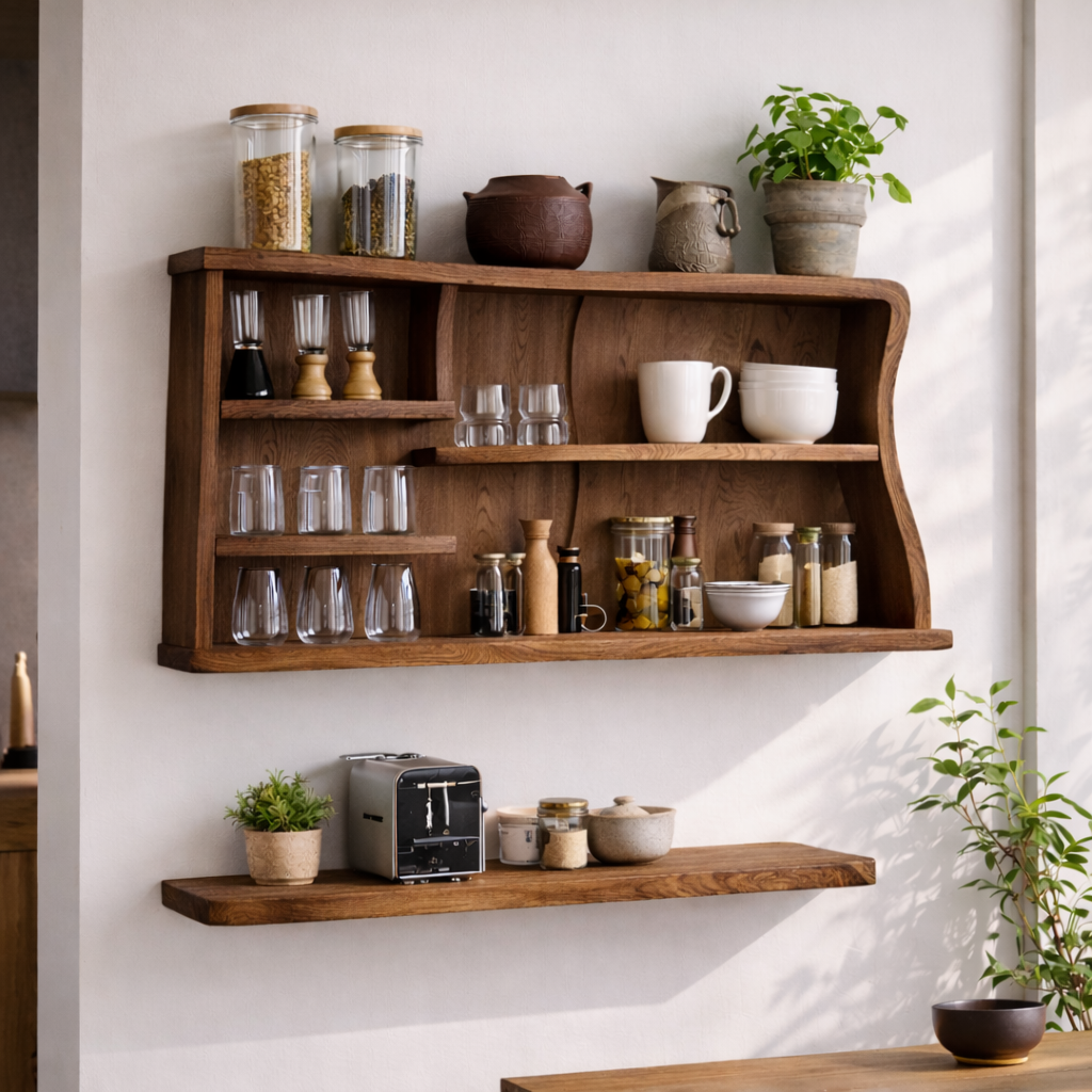 Solid Wood Kitchen Cabinet Shelf – Modern Wall Mounted Open Storage Rack