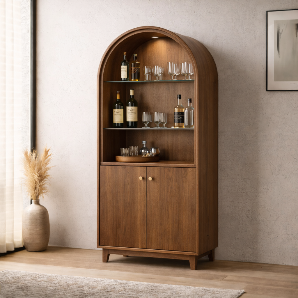 Solid Wood Arched Bar Cabinet with Glass Shelves – Mid-Century Modern Wine Storage