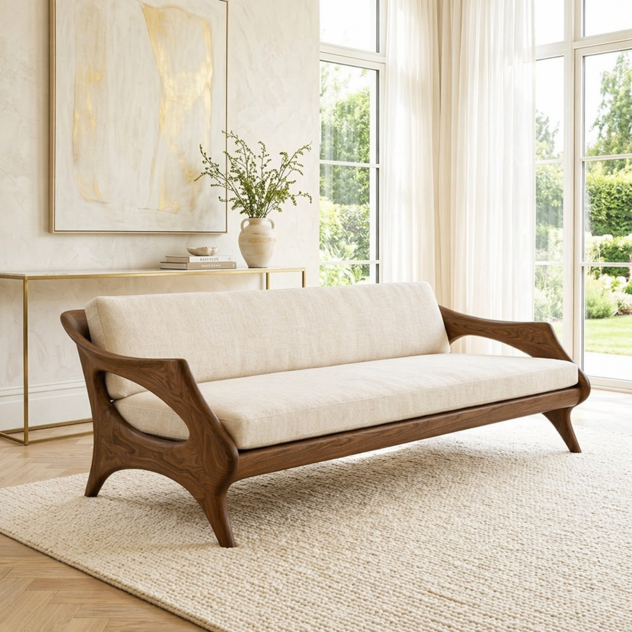 Elegant Curved Upholstered Sofa, Sculptural Accent Seating for Modern Interiors