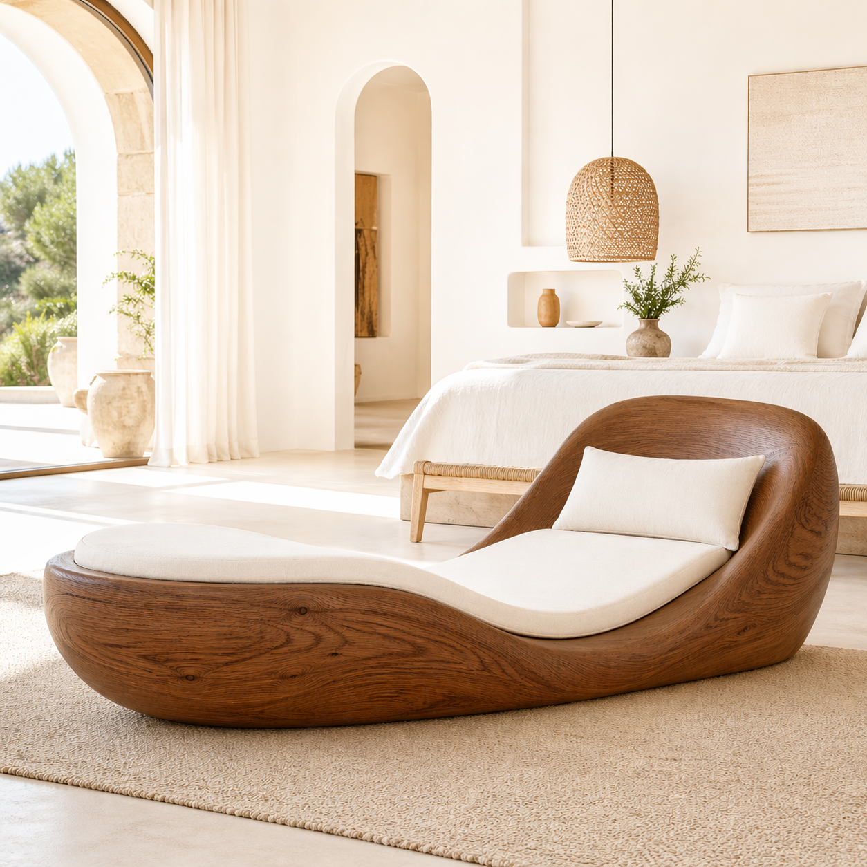 Luxury Curved Chaise Lounge Sculptural Daybed with Cushion for Bedroom Decor