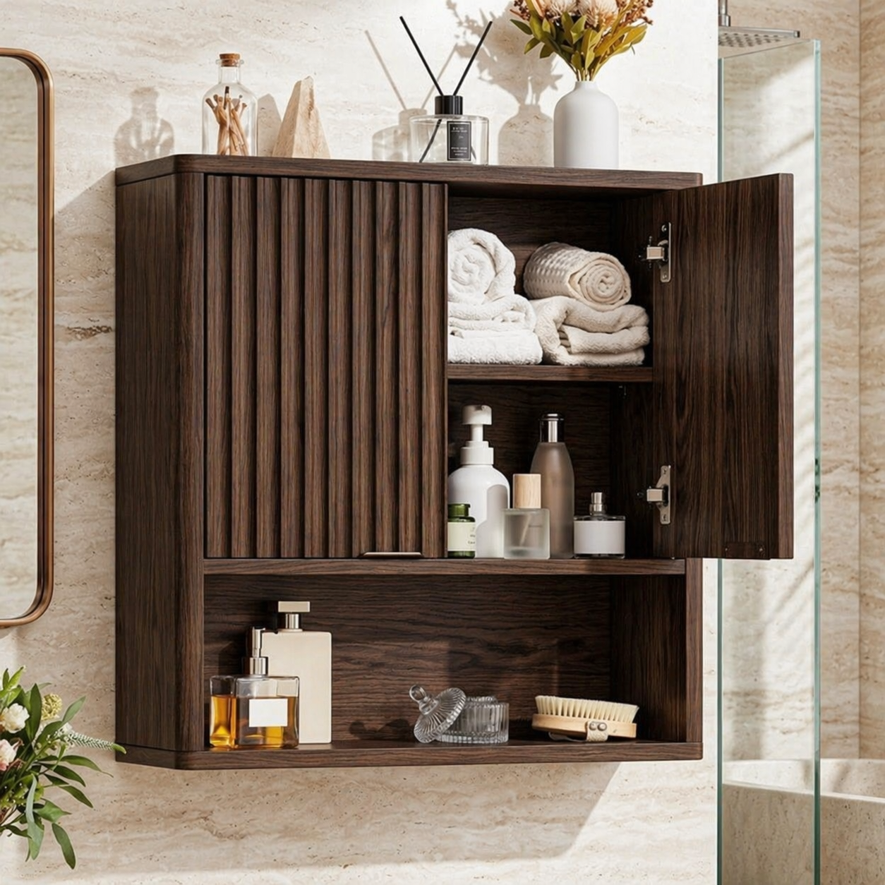 Floating Bathroom Cabinet, Modern Fluted Wall Mounted Vanity Storage Organizer Unit