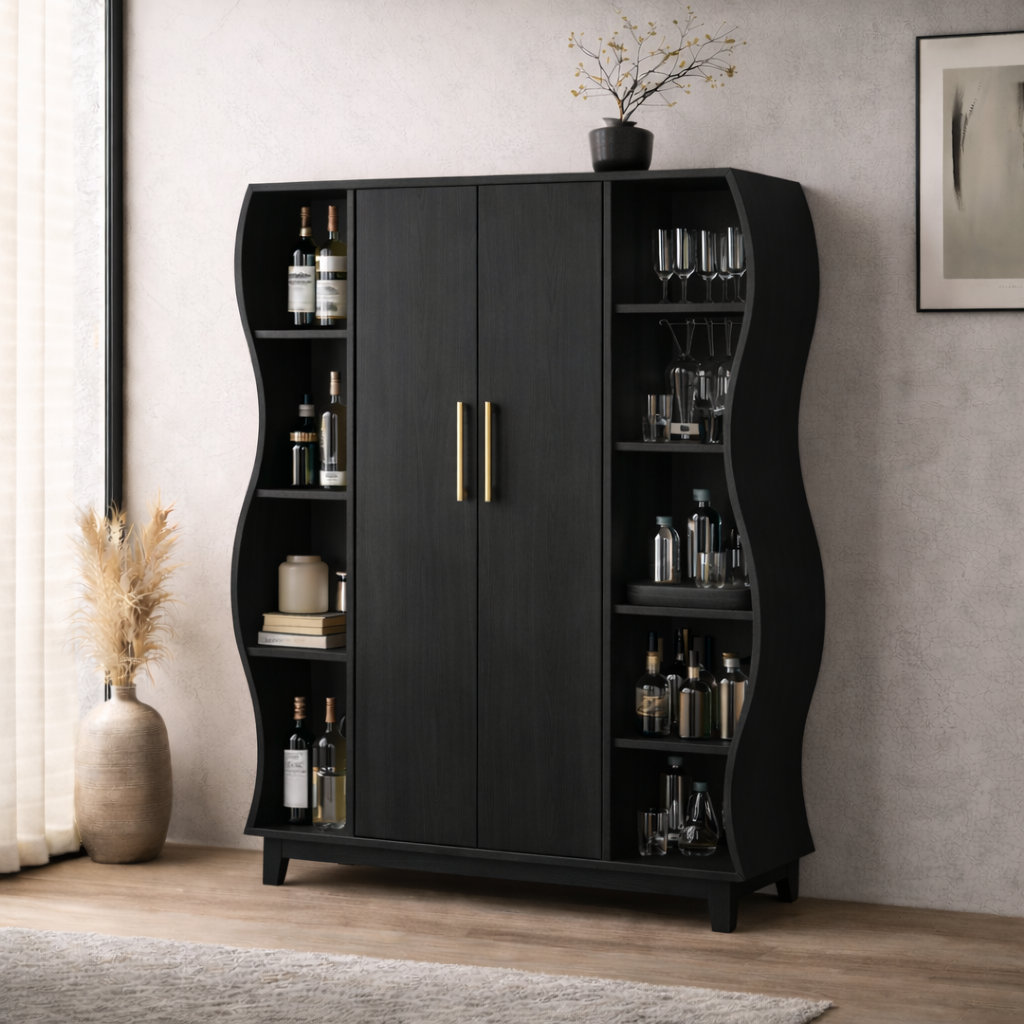 Solid Wood Curved Bar Cabinet with Open Shelves – Modern Walnut Wine Storage Cabinet
