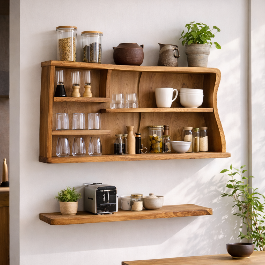 Solid Wood Kitchen Cabinet Shelf – Modern Wall Mounted Open Storage Rack