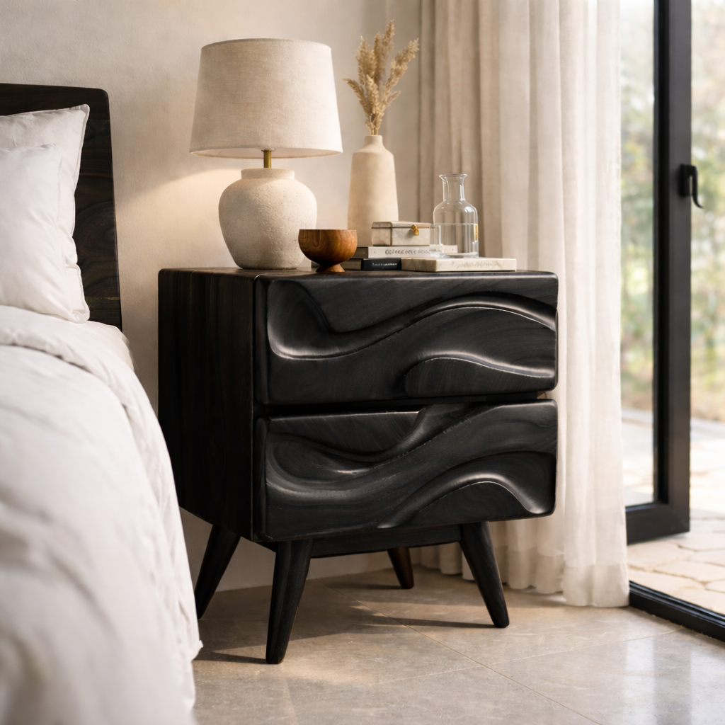 Solid Wood Nightstand with Open Shelf & Drawer – Minimalist Modern Bedside Table