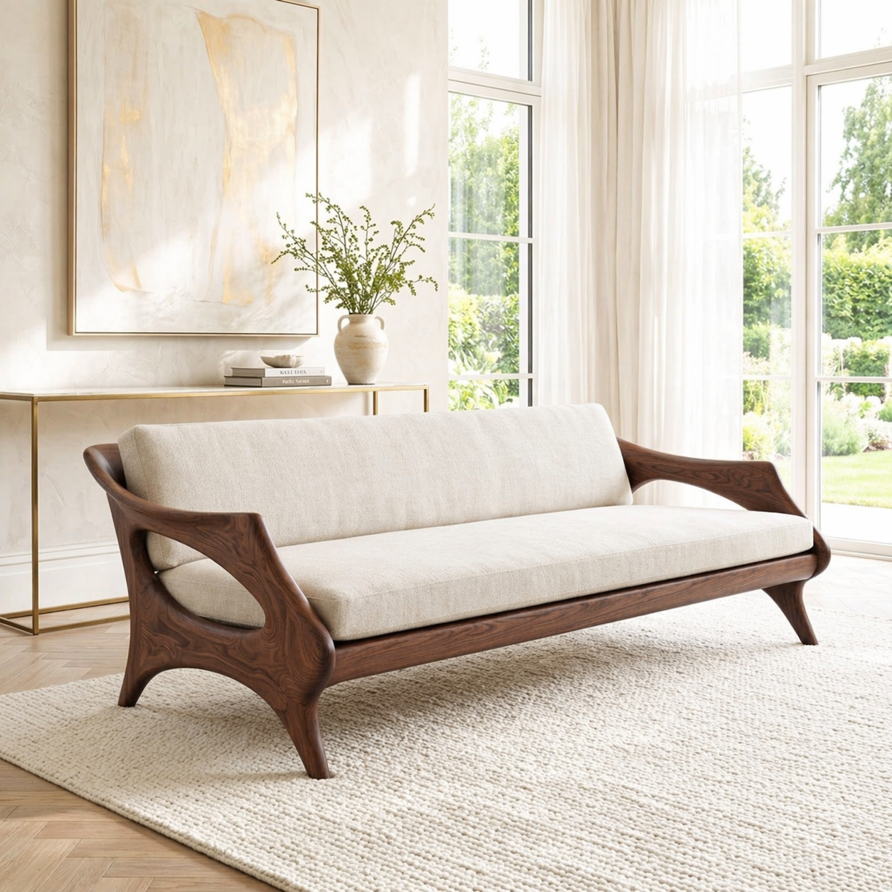 Elegant Curved Upholstered Sofa, Sculptural Accent Seating for Modern Interiors