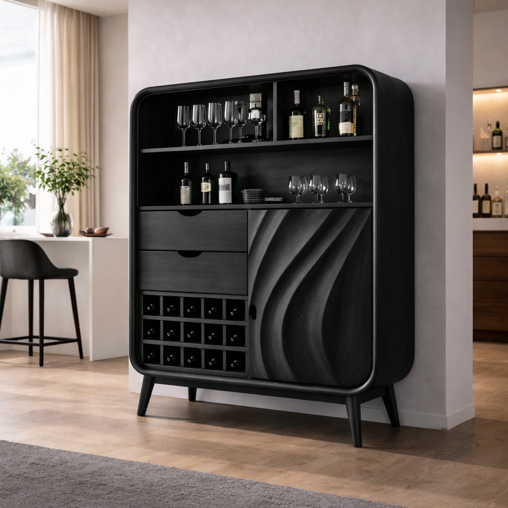 Solid Wood Bar Cabinet with Wine Rack & Curved Frame – Mid Century Modern Liquor Cabinet
