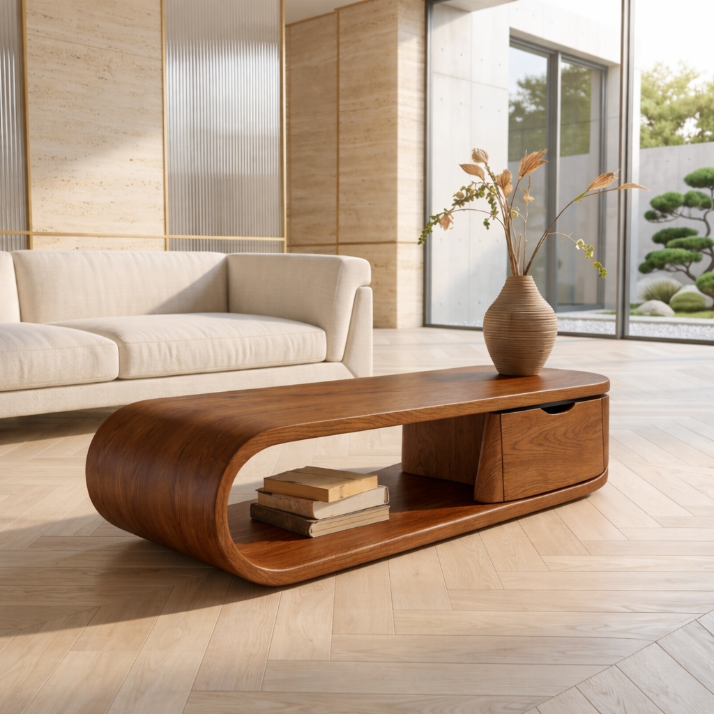 Modern Storage Coffee Table with Drawer and Open Shelf, Minimalist Living Room Table