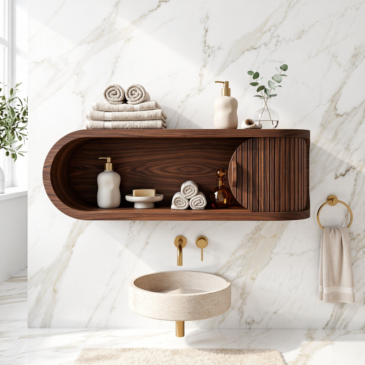 Floating Bathroom Cabinet, Modern Rounded Wall Mounted Vanity Storage Shelf Unit