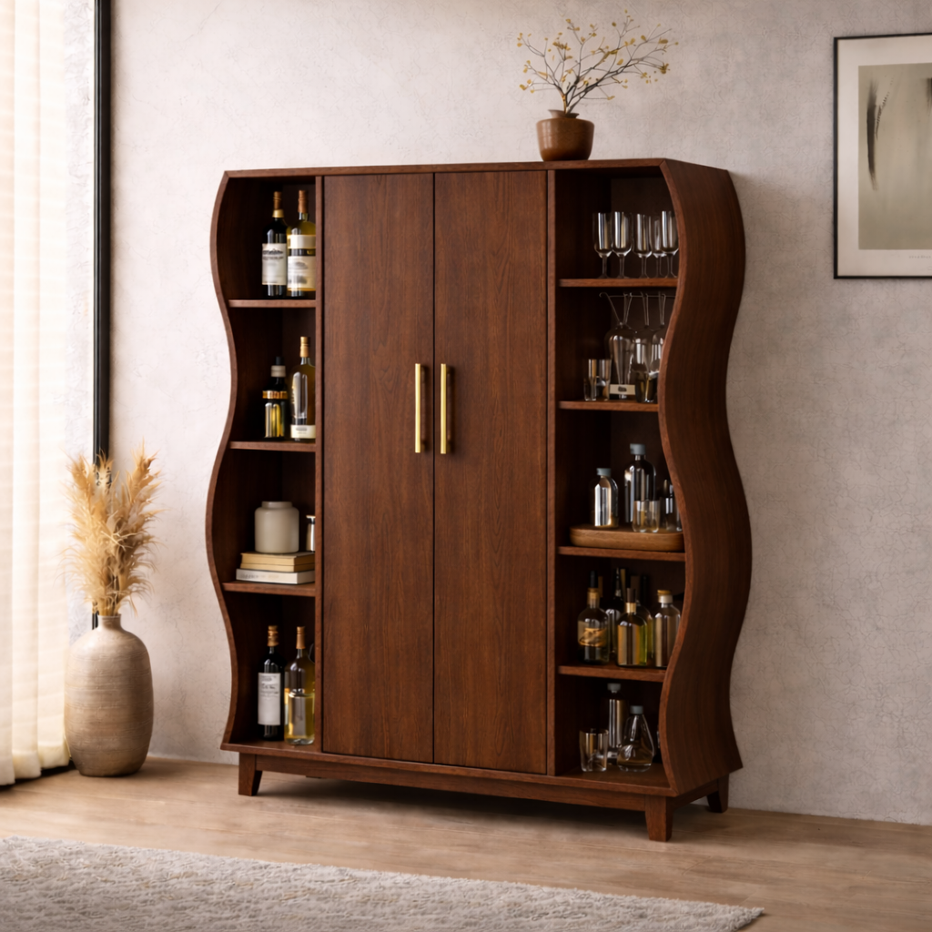 Solid Wood Curved Bar Cabinet with Open Shelves – Modern Walnut Wine Storage Cabinet