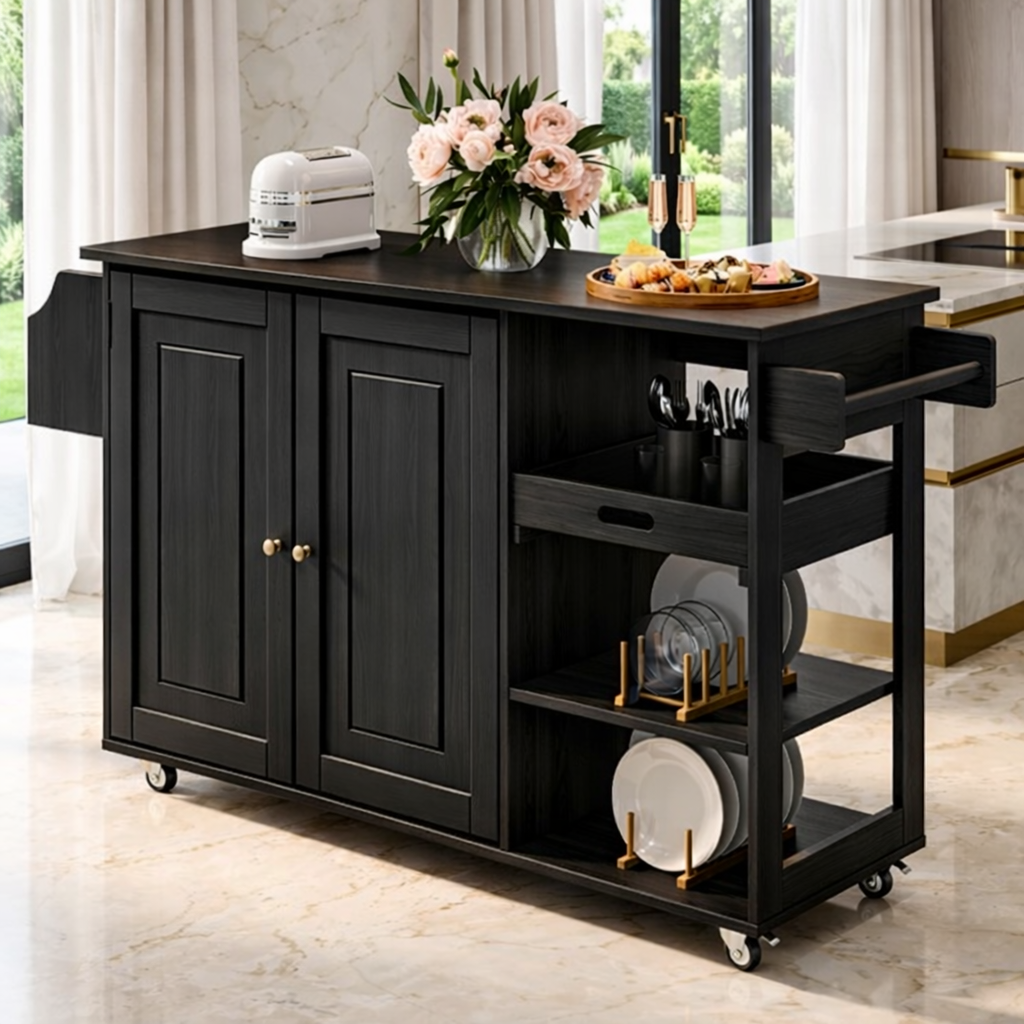 Rolling Kitchen Island with Storage Cabinet, Pull Out Tray, Modern Prep Cart for Dining Space