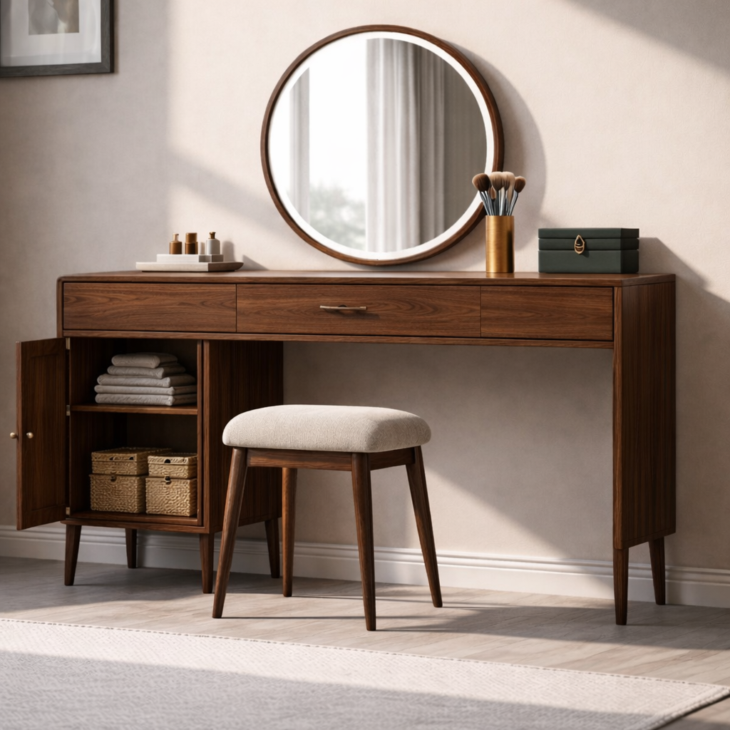 Sleek Solid Wood Makeup Vanity with Spacious Storage – Modern Design