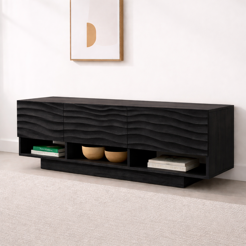 Modern Solid Wood Console Table, Minimalist Oak Media Console Cabinet with Storage Shelves Kitchnce