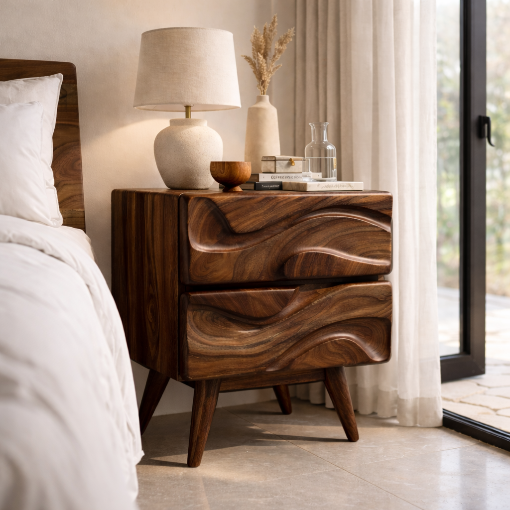 Solid Wood Nightstand with Open Shelf & Drawer – Minimalist Modern Bedside Table