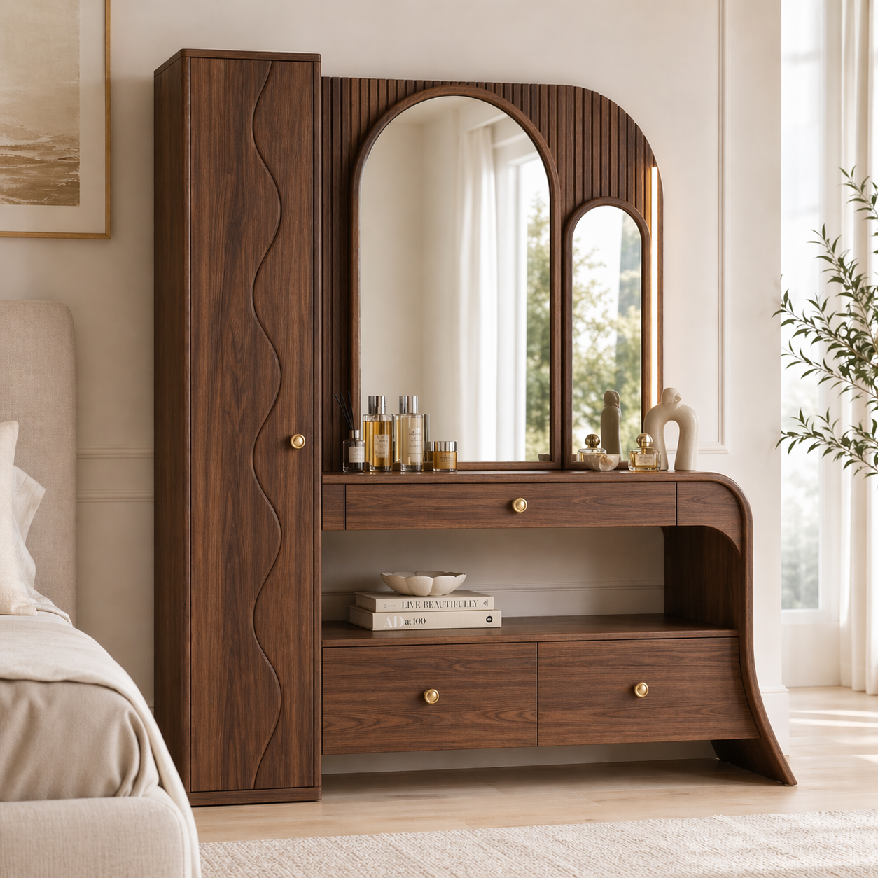 Modern Makeup Vanity Desk With Storage Cabinet Mirror Dressing Table Bedroom Set