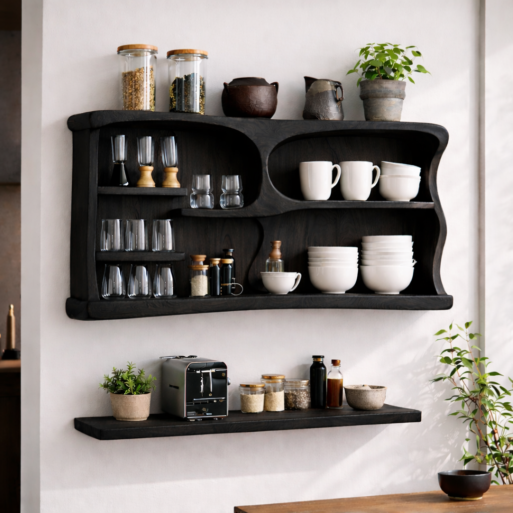 Solid Wood Kitchen Cabinet Shelf – Modern Open Wall Storage with Curved Design